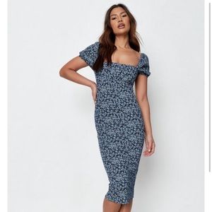 Missguided blue ditsy floral print milkmaid midi dress